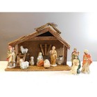 Manger with 11 Porcelain Figures Wooden In Original Box Vintage 1990"s