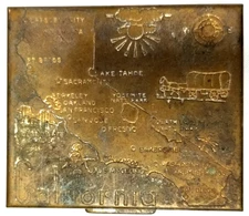 VTG Powder Compact Case Etched w California Pictorial Map Gold Tone Metal MCM