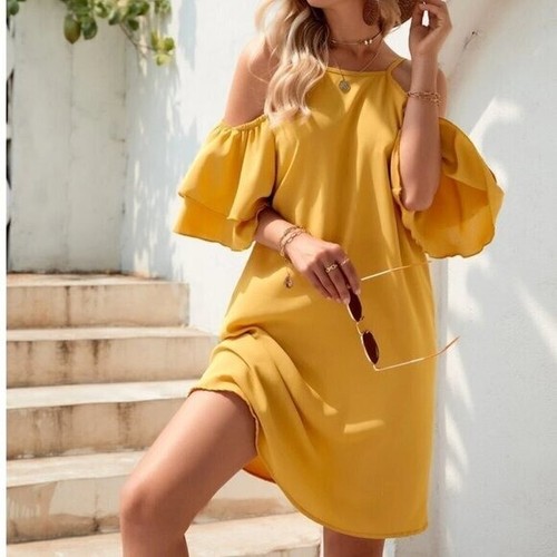 Shein Womens Size XS 2 Solid Ruffle Cold Shoulder Dress Mustard Yellow High Neck - Picture 15 of 15