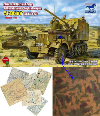 German SdKfz 6(5t) Pak. Diana in + Tarndecke + 6 Gefechtskarten Maßstab 1:35