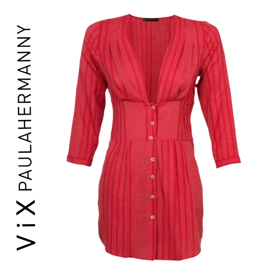 $188 Vestido ViX Ana Chemise Natación Encubrimiento Talla Pequeña Rojo/Blanco Rayas Playa Nuevo sin Etiquetas Foto 3 de 4