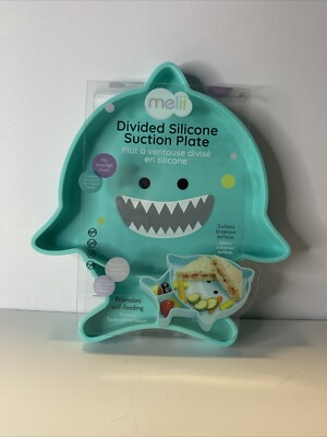 Melii Divided Silicone Suction Plate NEW Teal Blue Shark - Promotes Self Feeding