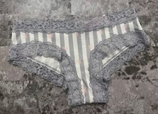 NWT VICTORIA'S SECRET XS GRAY WHITE STRIPE PINK LOGO FLORAL LACE CHEEKY PANTIES