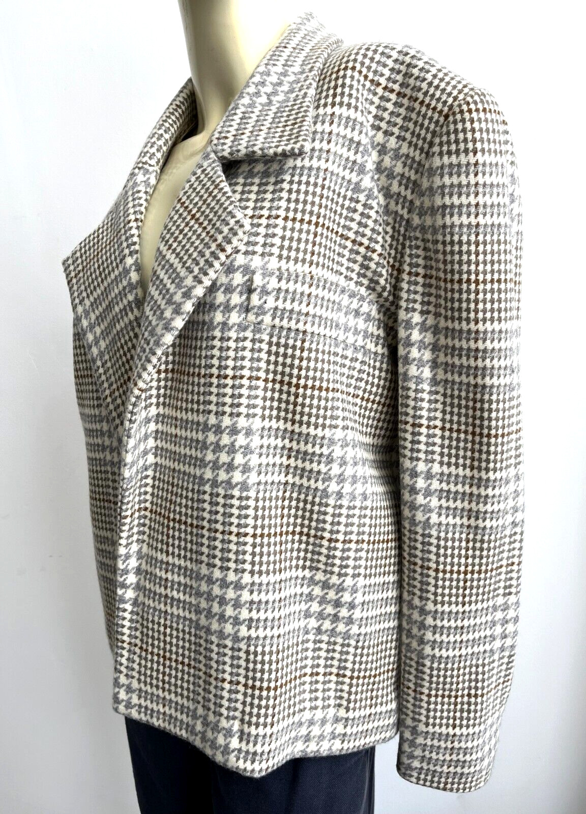 Beige Houndstooth Blazer Structured Shoulder Wool… - image 3