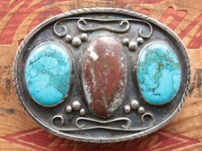 Vtg Sterling Silver Turquoise Native American Hand Made Western Belt Buckle