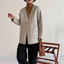 Giacca di lana stile cinese retrò scollo a V donna casual cappotti invernali caldi larghi