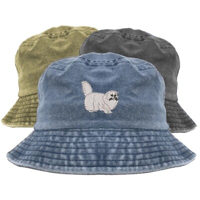 White Persian cat embroidered bucket hat, pigment dyed bucket hat