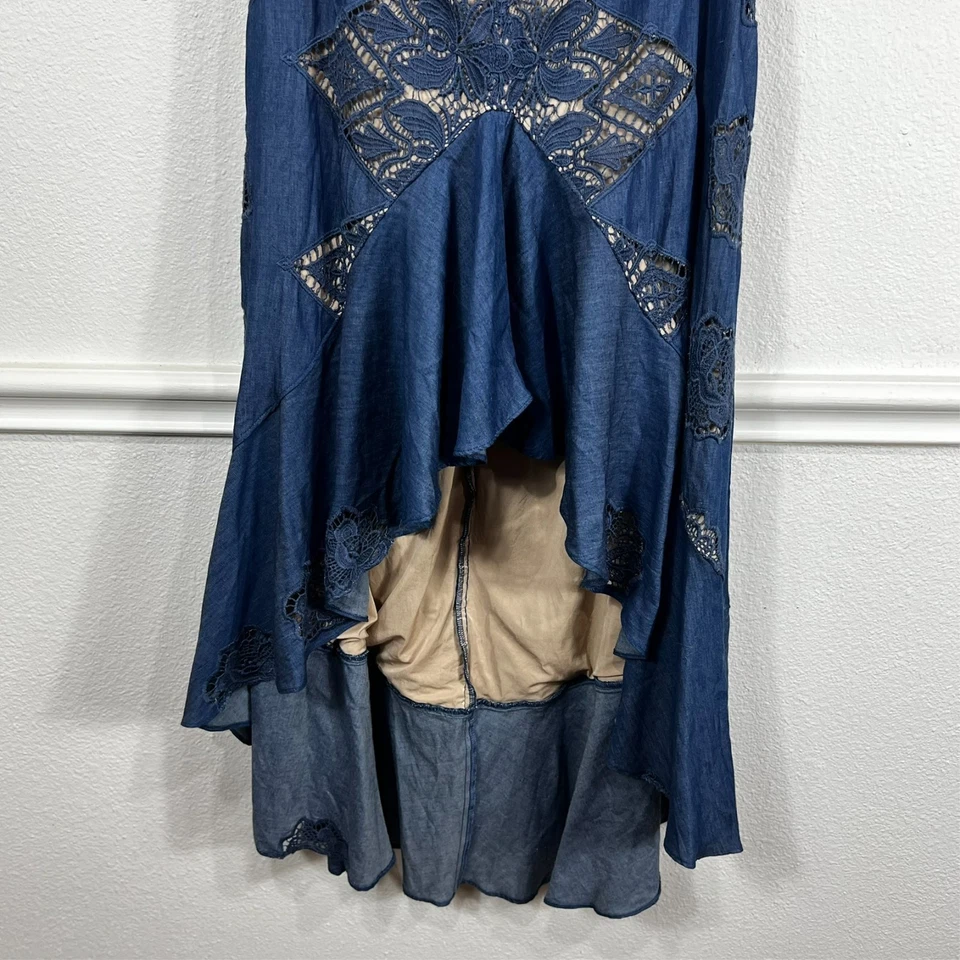 Maxi Vestido Sky Hombro Descubierto Alto Bajo Para Mujer L Azul Encaje Forrado Boho Nuevo con Etiquetas Foto 3 de 4
