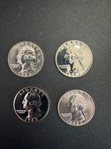 Four (4) Uncirculated/Proof 1963 Washington 90% Silver Quarters $1 FV