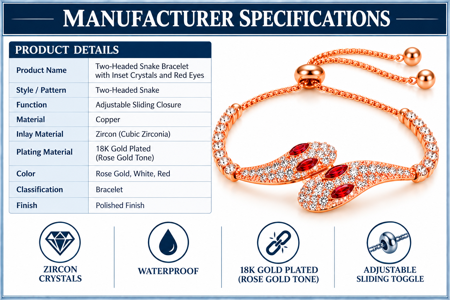 Redder Snake 18K Rose Gold Plated Double Snake Bracelet Red Eyes Crystal Adjustable ...
