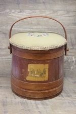 Vintage primitive bent wood firkin sugar bucket needlepoint lid sewing storage