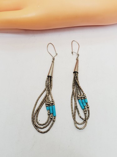 Vintage Sterling Silver Liquid Turquoise beaded Southwestern Dangle Earrings(81)
