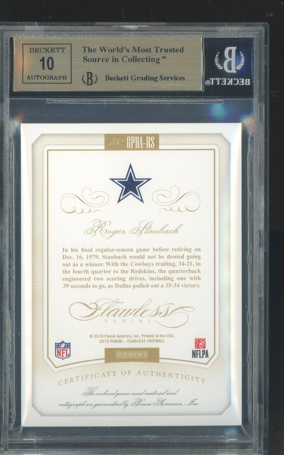 2015 Flawless Greats Gold #40 Roger Staubach HOF Dual GU Patch AUTO /10 BGS 9.5 view 2