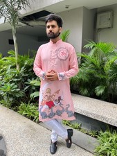GANESHA PRINT COTTON SILK DESIGNER KURTA FOR MEN INDIAN RELIGIOUS FESTIVAL WEAR