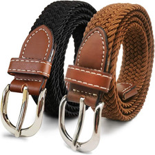 2 Pack 1'' Narrow Width Elastic Belt, Stretch Braided Skinny Fabric Woven Women