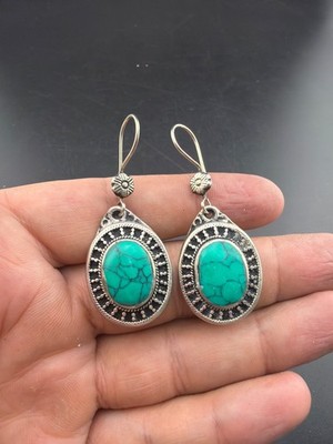 Traditional turquoise afghani handmade design silver plated brass Earring