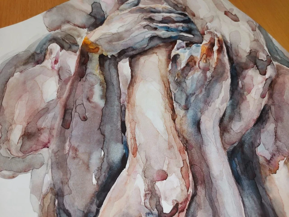 Original Pareja Abrazando Acuarela Pintura Amantes Retrato 13.3x11.5 pulgadas Foto 2 de 4