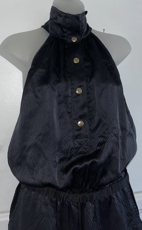 Mono halter Sunner 100 % seda crepé cuello alto negro dorado botón pierna ancha-talla M Foto 3 de 4
