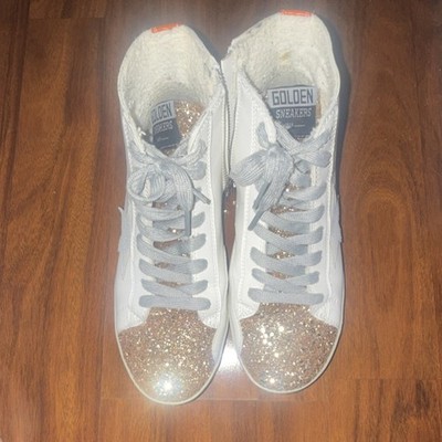 GOLDEN SNEAKERS White Orange Lace Up Glitter High Top Sneaker Athletic Sh 