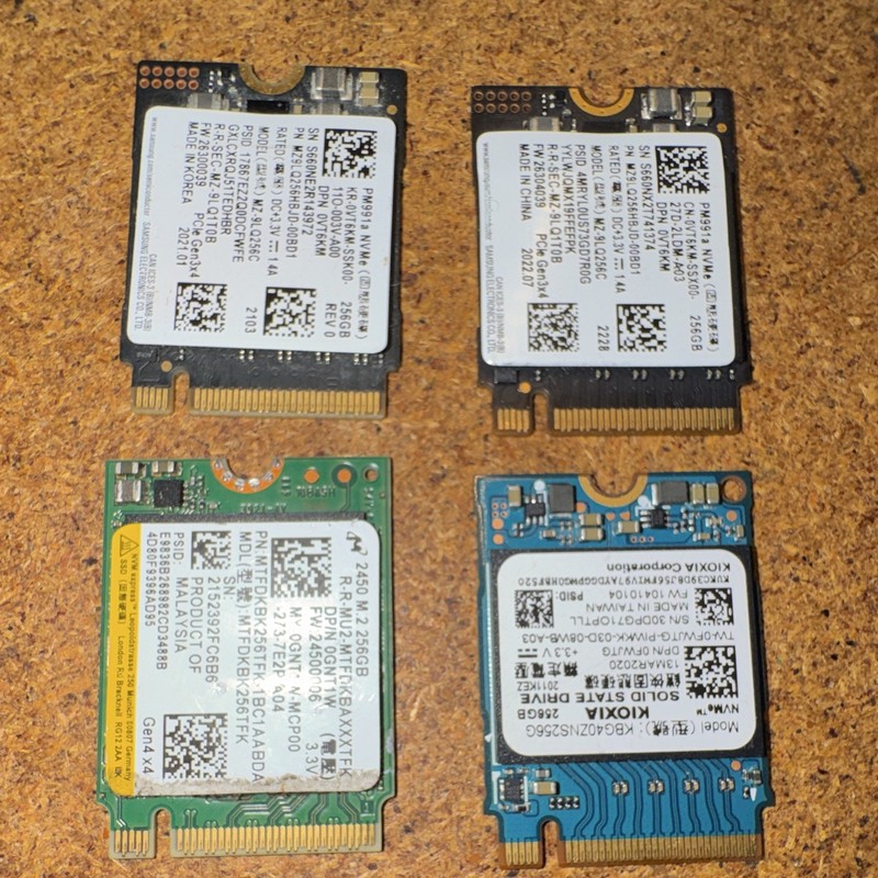 4 ea assorted 256GB M.2 2230 NVMe PCIe SSD 2400MB