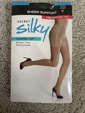 Secret Silky Sheer Support Jet Blk Size B Control Top Pantyhose Sheer Toe