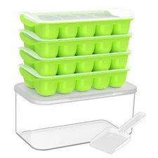  Ice Cube Tray with Lid and Bin - 4 Pack Ice Bucket Kits, Stackable Green
