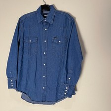 Vintage Wrangler Shirt Denim Pearl Snap Western Cowboy Rodeo mens size 16 33