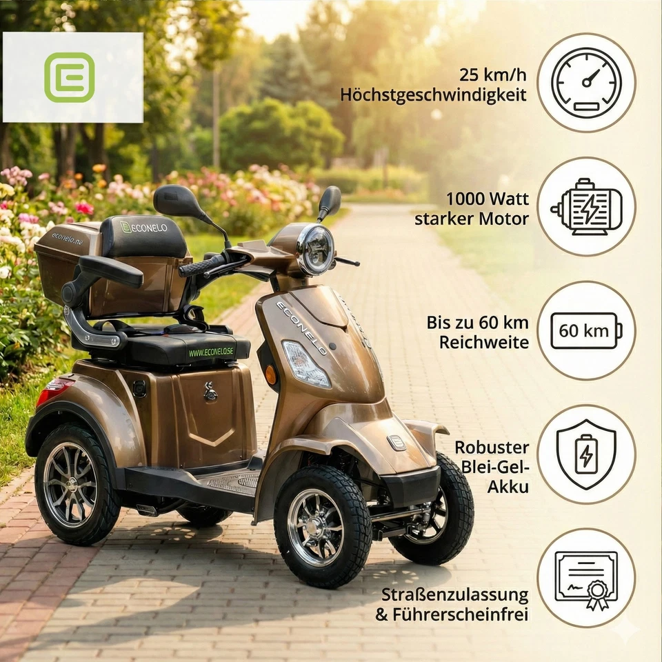 ECONELO Seniorenmobil J4000, Blei-Akku, 25 km/h, 1000 Watt, Braun