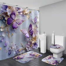 4 Pcs Purple Floral Butterfly Shower Curtain Set with Non-Slip Rugs, Modern Toil