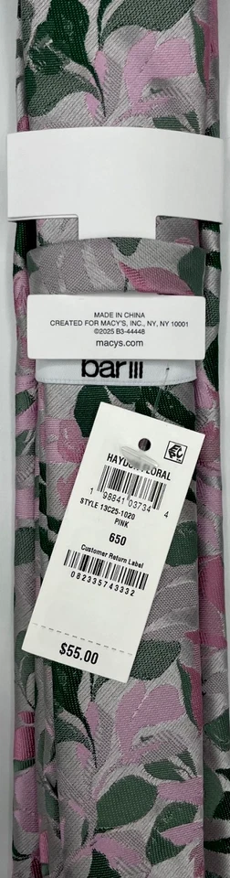 Bar III 男式丝绸混纺领带 ~ 粉红色 ~ Haydon 花卉 ~ 全新 MSRP:55 美元。 — 第 3/3 张图片