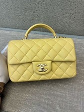 Auth Chanel Classic Flap Top Handle Bag Yellow Lambskin Leather Gold Hardware