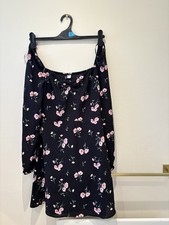 H&M Black Floral Dress UK 8 long sleeves Summer Skater Sweatheart Neckline New