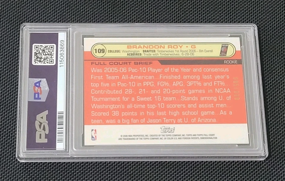 2006-07 Topps Full Court BRANDON ROY RC BASE #109 /999 - PSA 10 GEM MINT  - Image 3 of 3