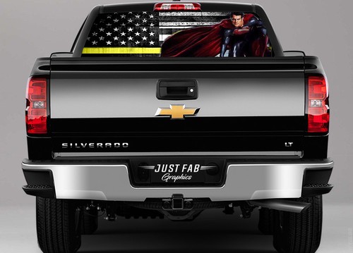 Thin Yellow Line Superhero Rear Window Perf Graphic Decal Tint Coal Truck SUV - Picture 2 of 7