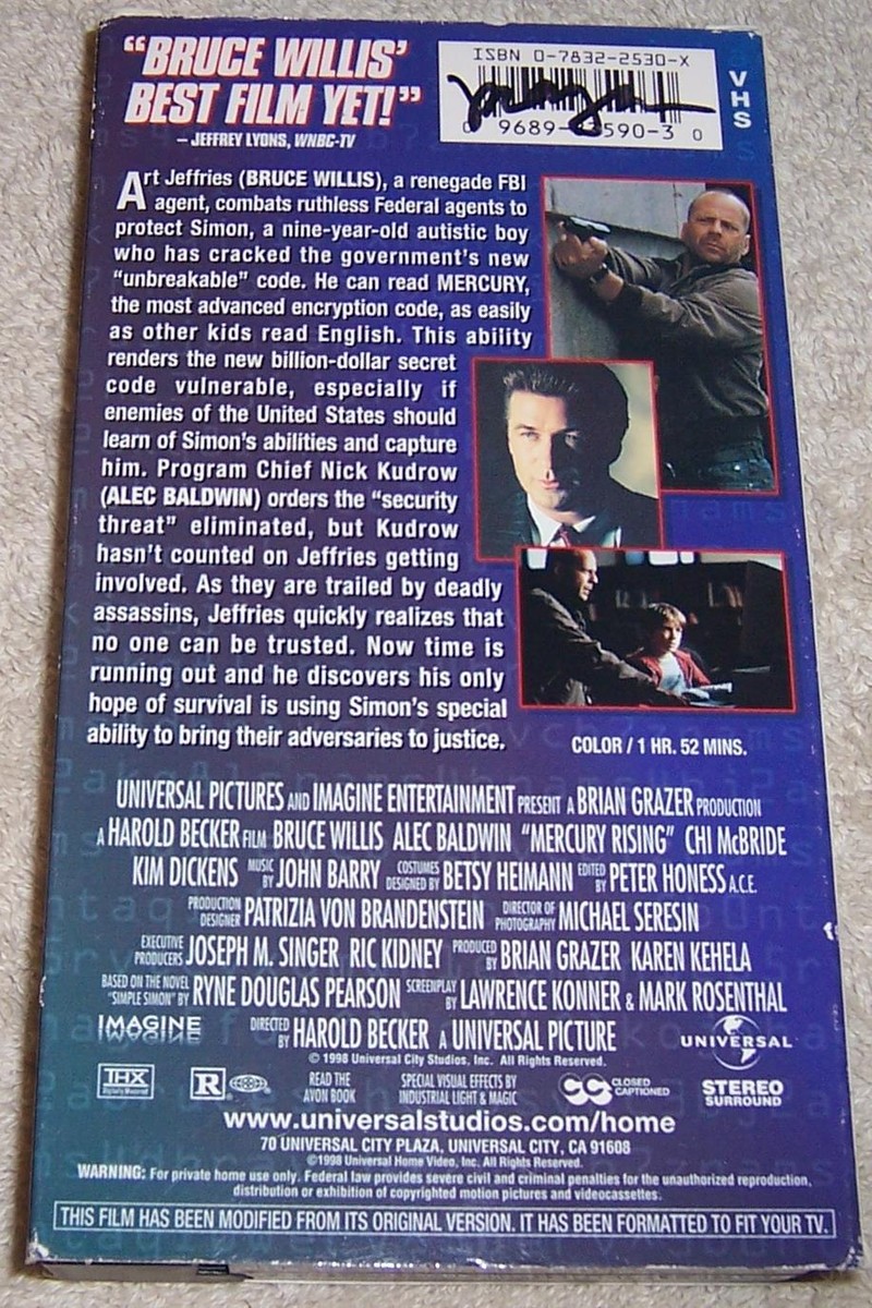 Mercury Rising VHS Video Bruce Willis Alec Baldwin 96898359030| eBay