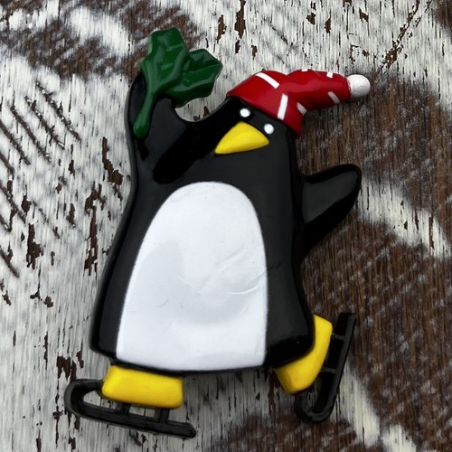 Retro 80s Vintage Christmas Pin Hard Molded Shiny Plastic Penguin On Ice Skates