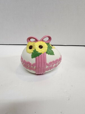 Ceramic Easter Egg Shaped Candy Dish with Lid Pink White Yellow flowers 