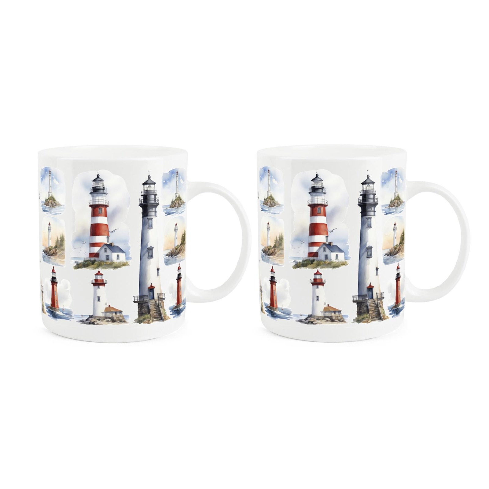 Lighthouse Mugs - Sailing Boating Coastal Gift/Present - Bone China Cup Set of 2