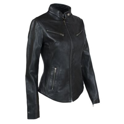Women's Real Leather Café Racer Biker Motorcycle Fashion Jacket-Black