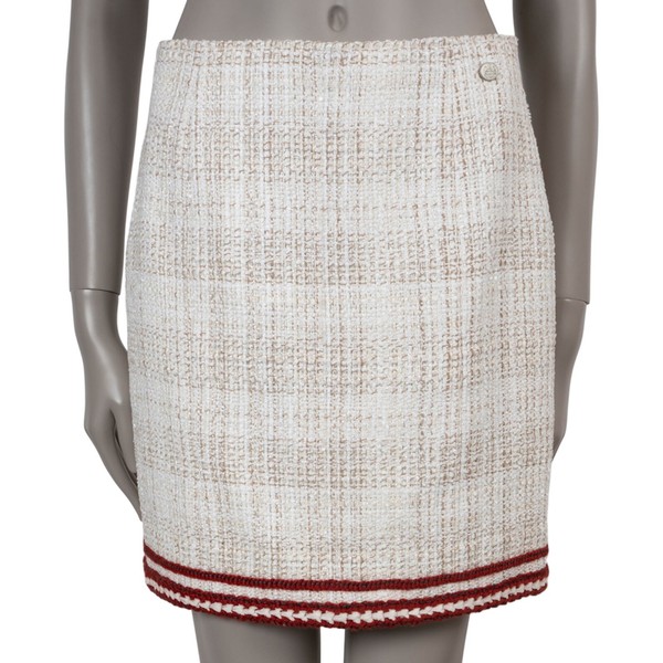 71169 authentischer CHANEl creme & rot Baumwolle 18A HAMBURG TWEED MINI Rock 40 M