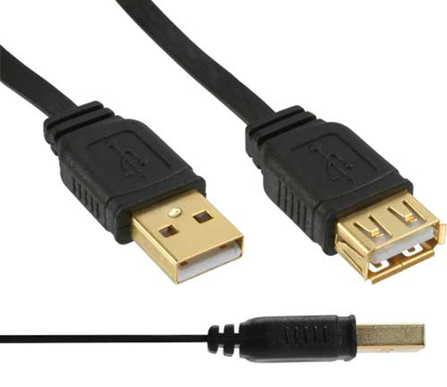 InLine USB 2.0 Flat Cable Extension a Plug / a Socket, Black, Gold, 3 4/12ft