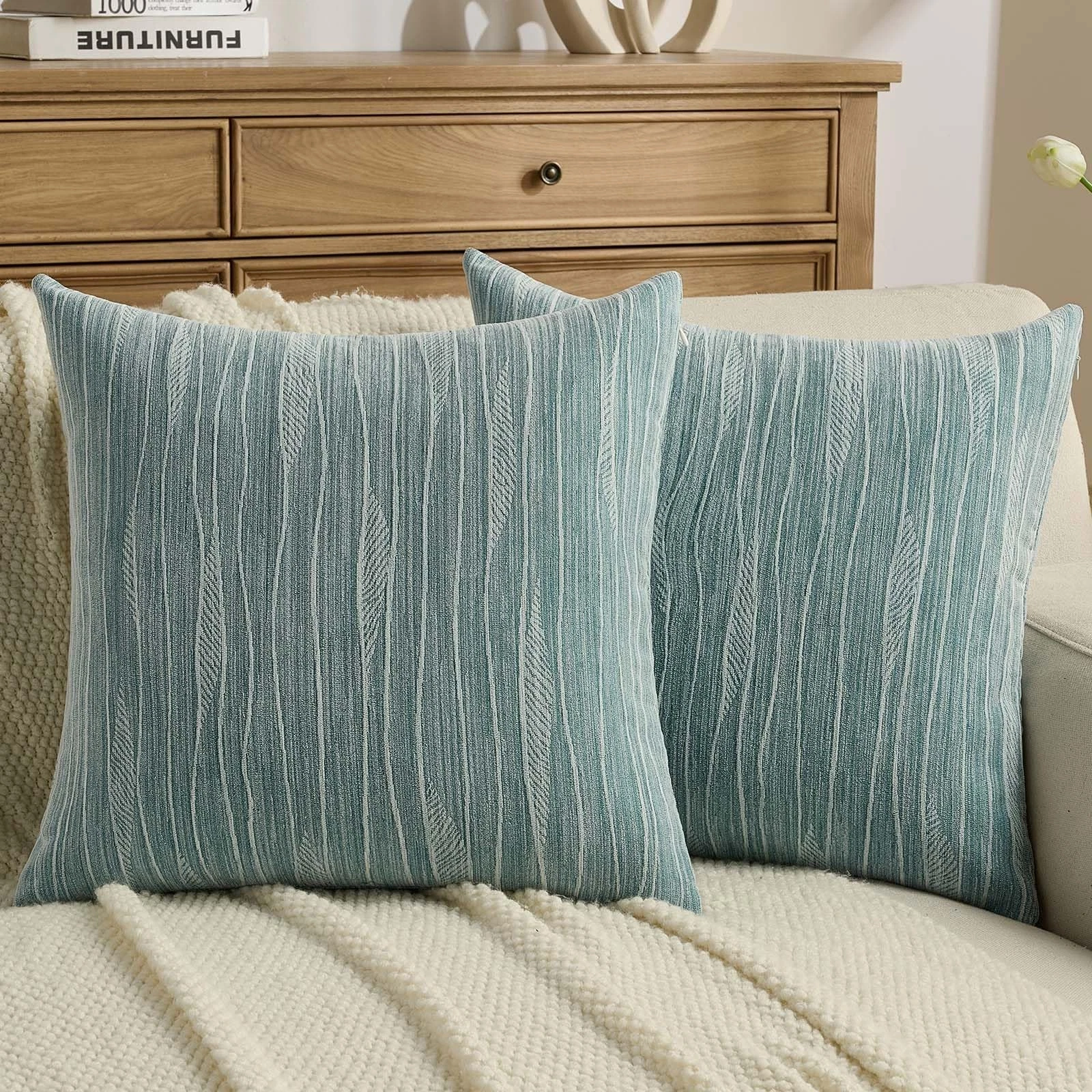 Pack of 2 Dyeing Chenille Throw Pillow Covers 18x18 Inch Soft Line Textured D...