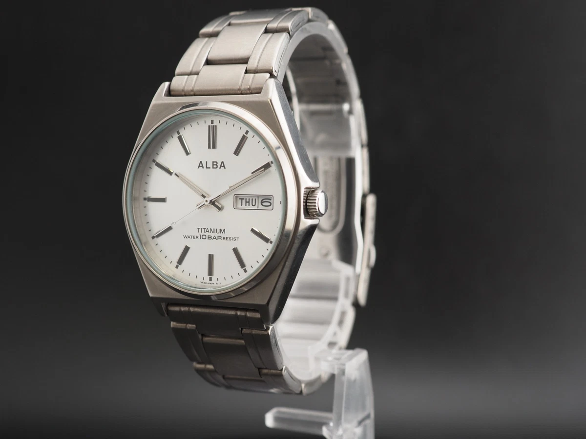 Reloj Hombre Vintage Seiko Alba VX43-0AG0 Plata Titanio Día Fecha Qz 37mm JAPÓN