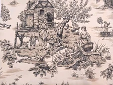 Vtg Textile Arts Classic Toile Cotton Canvas Fabric Cream & Black English Countr