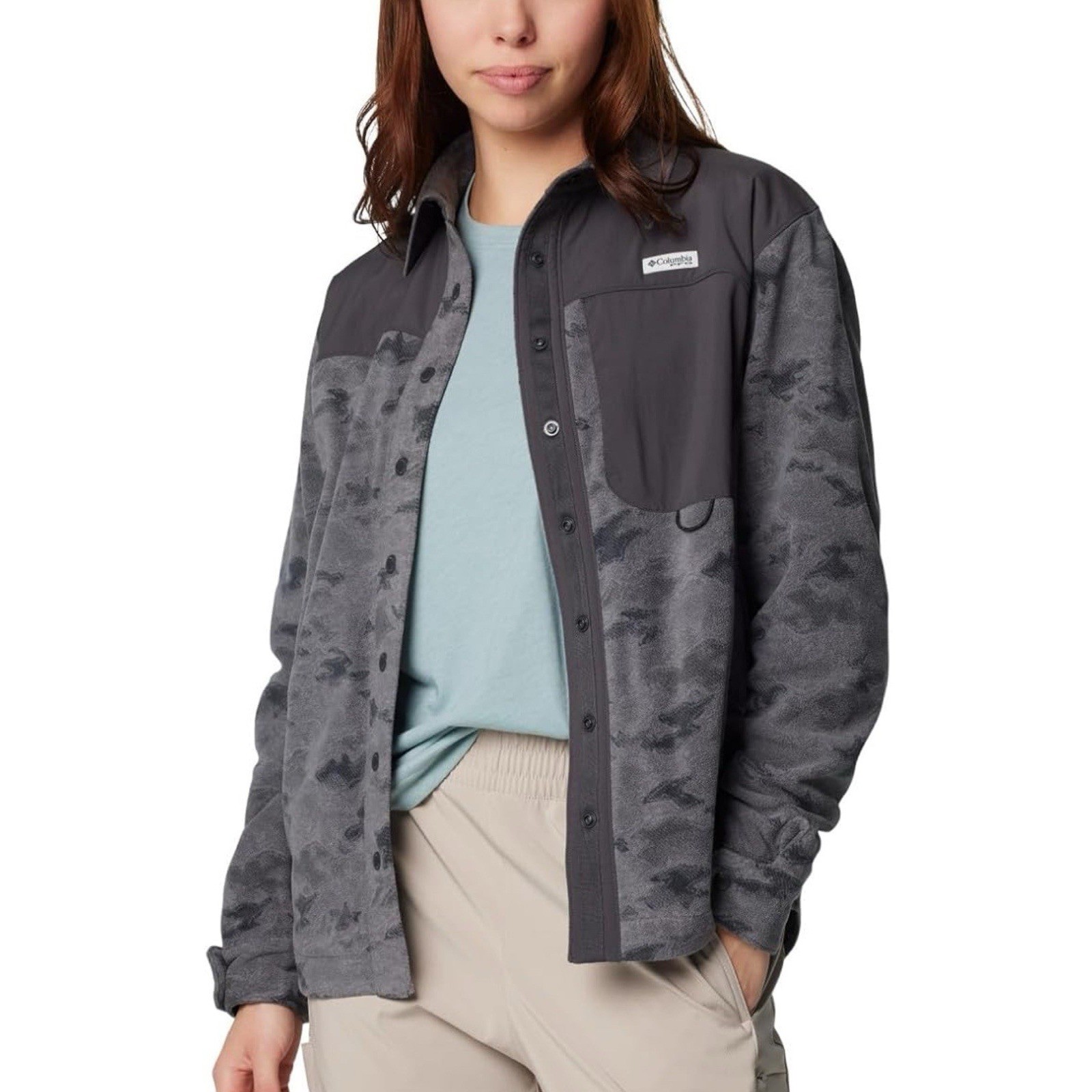 Columbia PFG Women's Camo Fleece Snap Front Shirt Jacket Regular Fit L Large NWT thumbnail 5