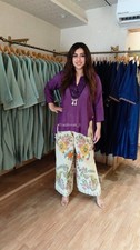 Women's Mirror-Work Short Tunic with Vibrant Floral Print Wide-Leg Palazzo Set