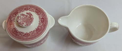 Ecc. Willow Ware Royal China USA crema e zuccheriera con coperchio pietra di ferro rosa rossa - Foto 2 di 5