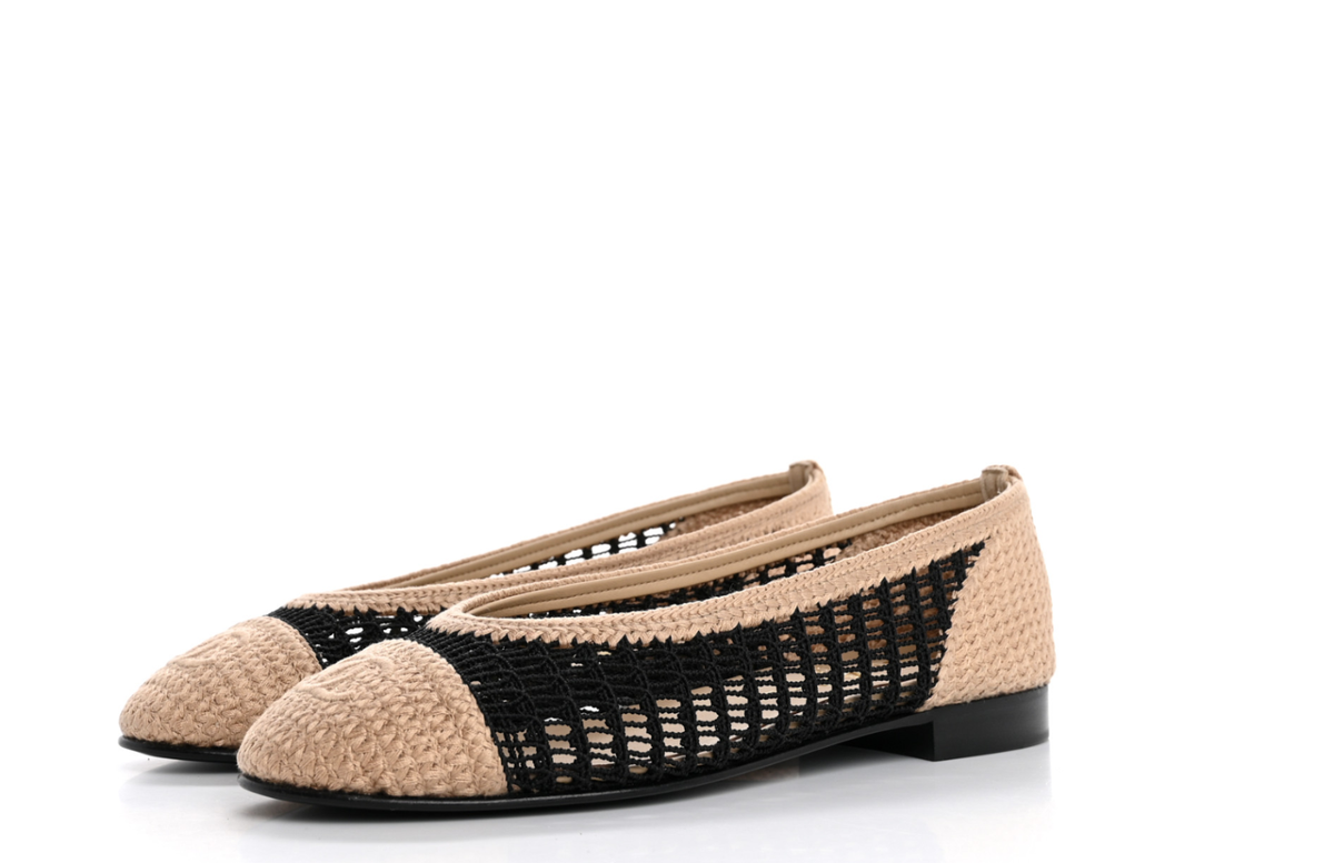 size 37EU NIB CHANEL REV Black & Beige Raffia Cap Toe Ballerina w
