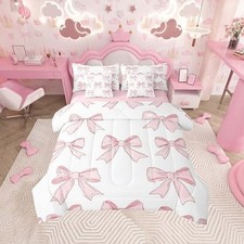 Bowknot Comforter Set with Sheets Cute Pink Bow 7 Piece Full White Light Pink