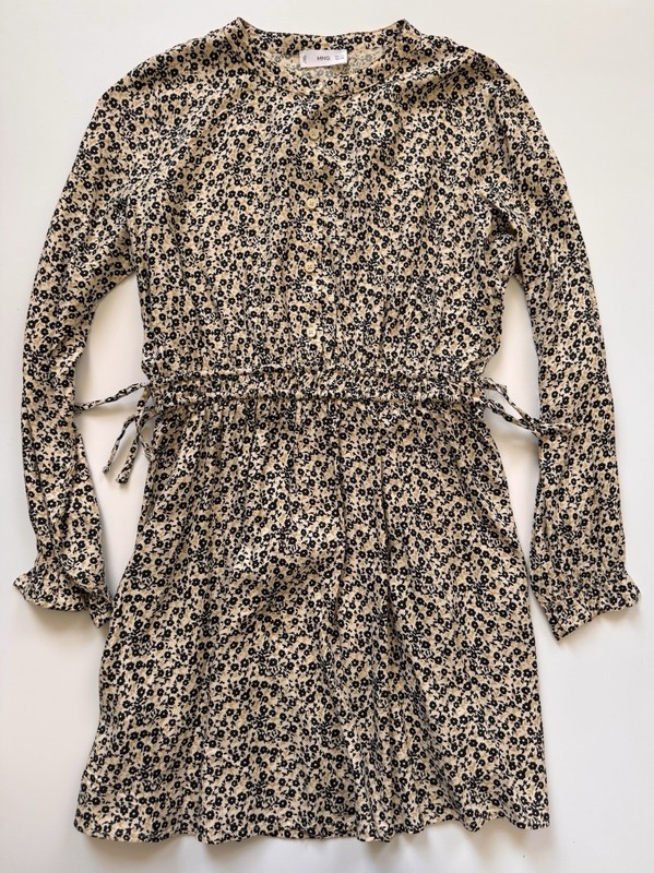 Mango Girls Floral Print Dress Size 11-12 Long Sleeves Neutrals Cinch Waist MNG